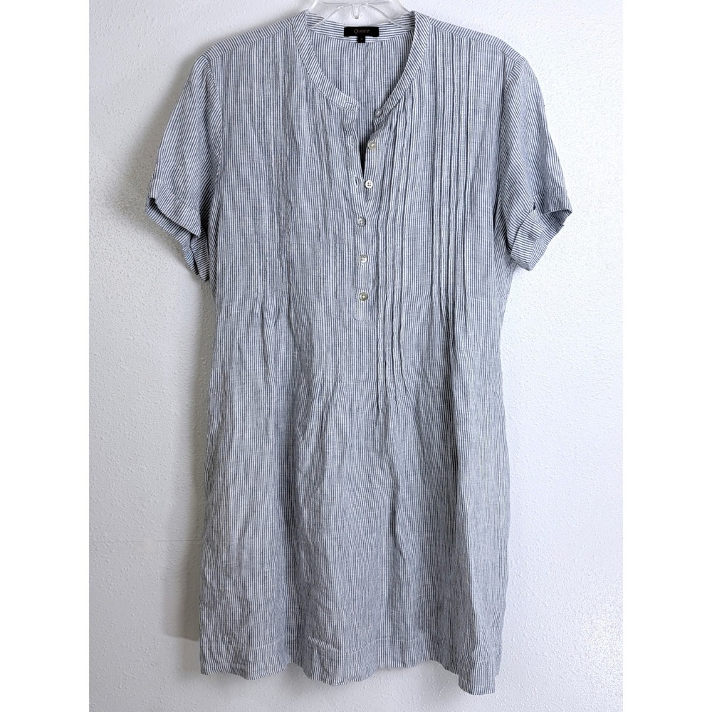 Quince Linen Shift Dress Blue White Striped Pintuck Henley Blend Large